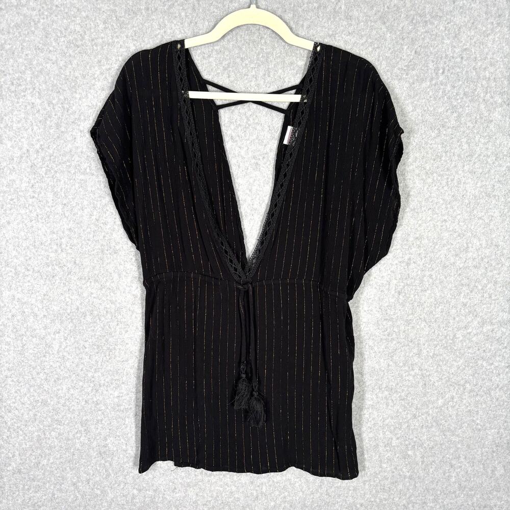 Cover Up Small Crochet Striped Gold‎ Tie Waist Boho Dark Moody Metallic Gauze